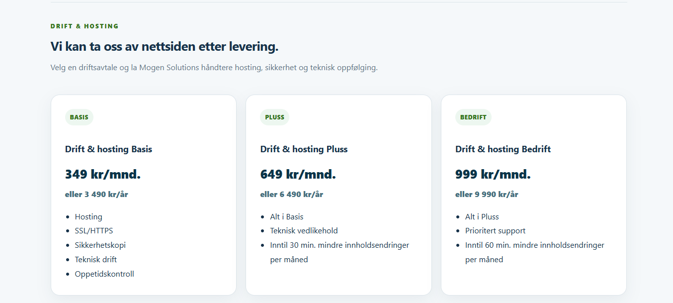 Drift og hosting på Mogen Solutions-nettsiden